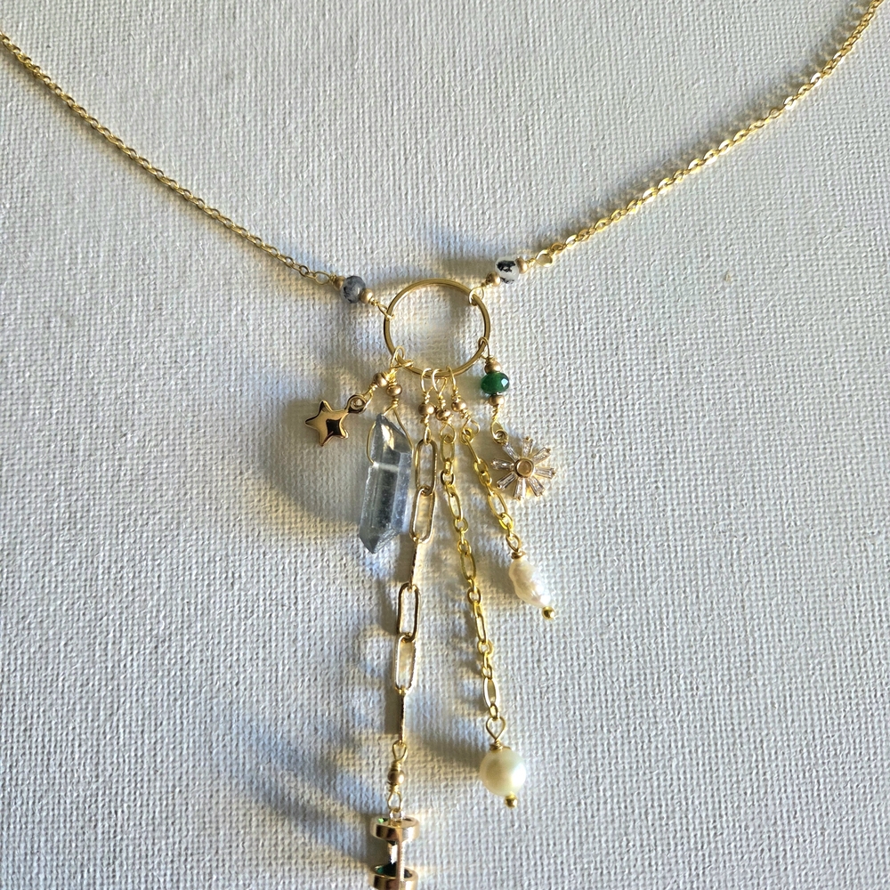 Quartz Pearl Gold Charm Necklace with Star and Flower Accents